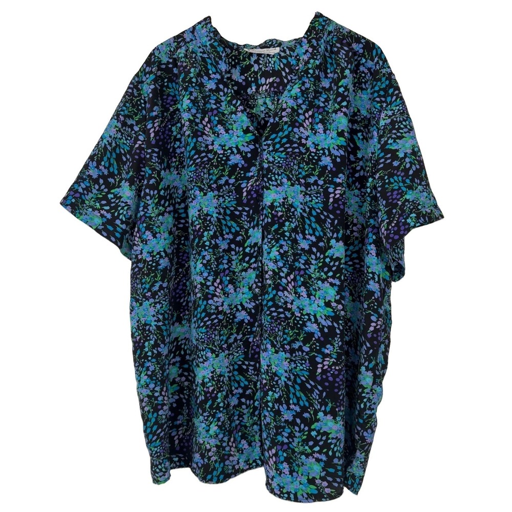 Vtg A Personal Touch Shirt Women 5X Blue Floral Button Up SS Blouse USA Made